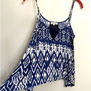 Fleur Elise Blue Flirty Tank Cream Print Shark Bite hem Cropped tank SZ M